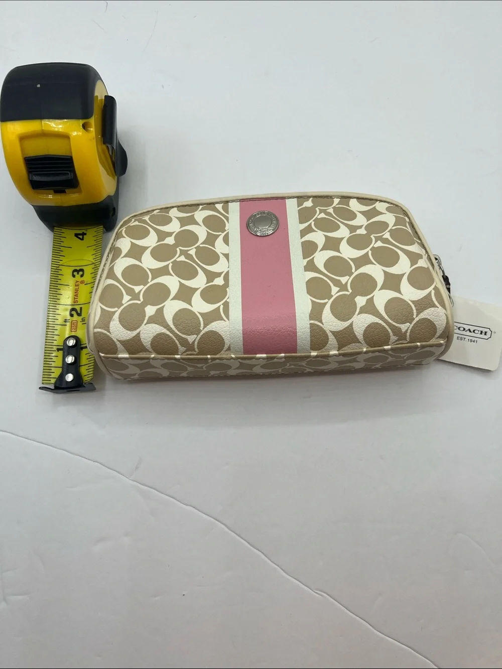 Coach Beige Signature Cosmetic Case with Pink Center Stripe